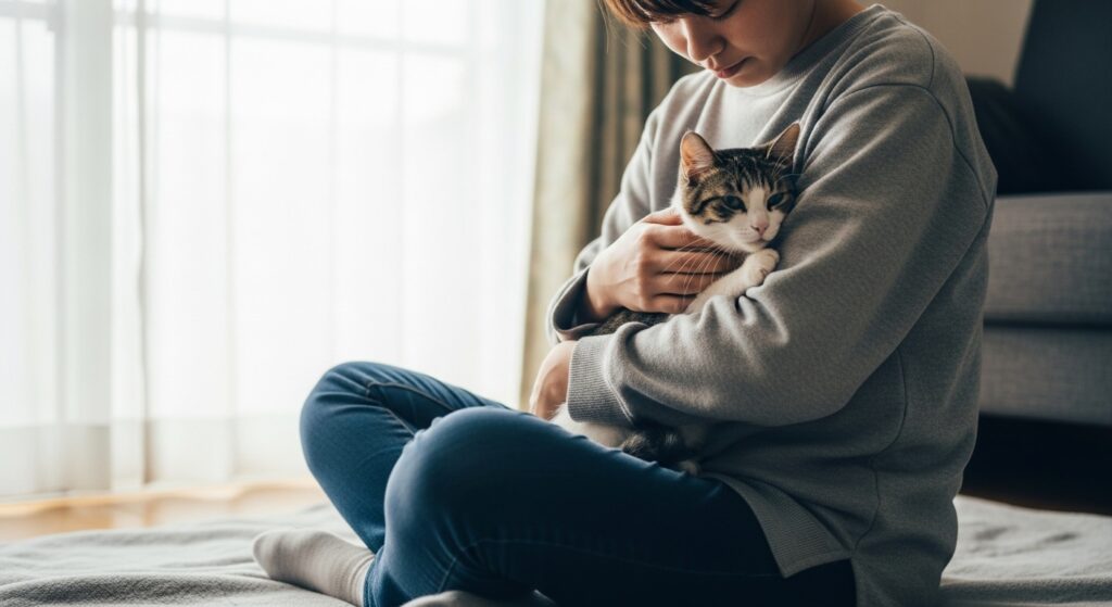 日本人女性が猫の末期症状を見守るケアの場面