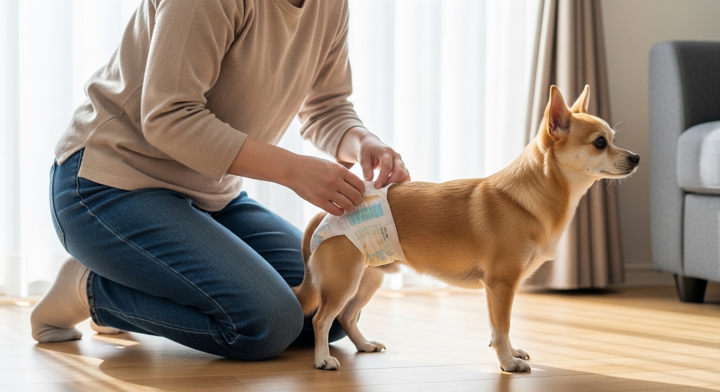 日本人女性が犬におむつ代用を装着する方法