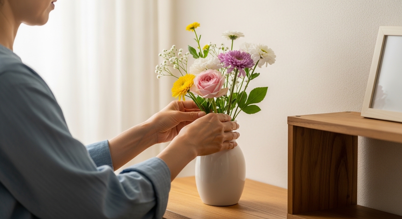 ペットの骨壺の前に花を添える女性のイメージ