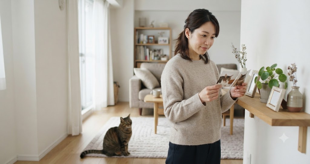 猫の生まれ変わりは見分けられるという思いを胸に、愛猫との再会を願い穏やかな時間を過ごす女性を表すイメージ画像