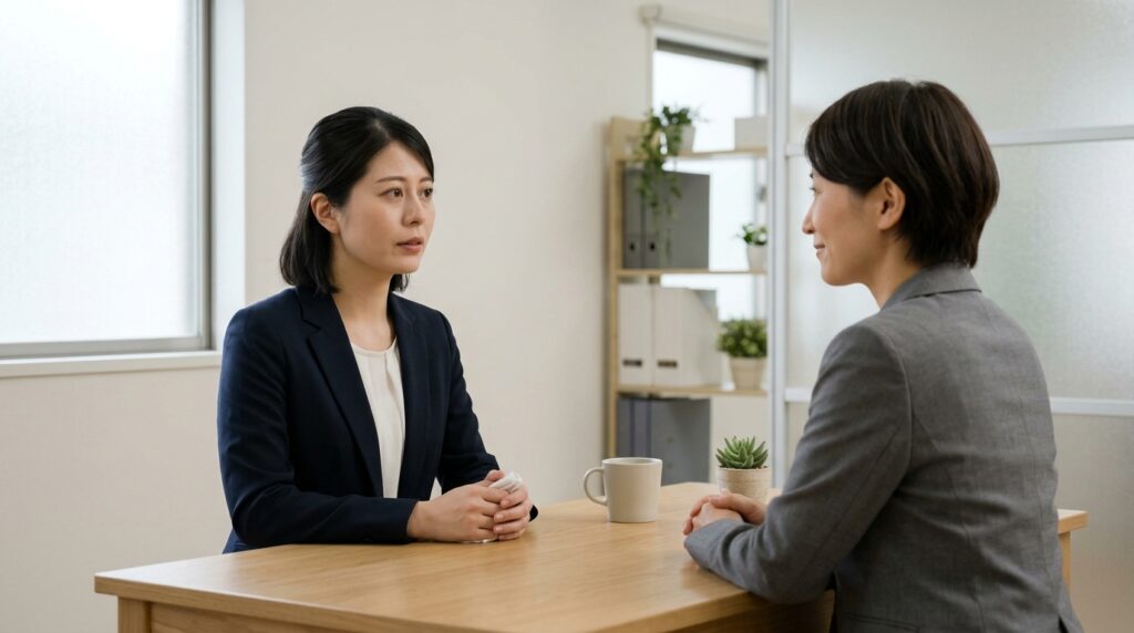 職場でペットの忌引休暇や会社への伝え方について相談や話し合いをしている様子を表すイメージ画像