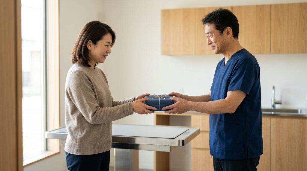 動物病院へのお礼としてお菓子を渡す場面を通して感謝の気持ちを伝える様子を表すイメージ画像