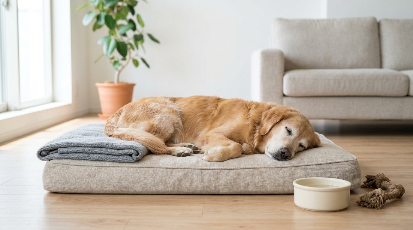 老犬のパニック障害を考える落ち着いた室内と愛犬用ベッドや生活空間の雰囲気を表すイメージ画像