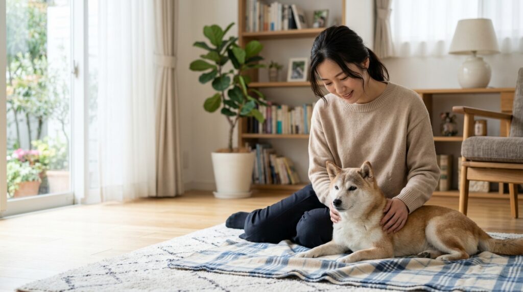 老犬のパニック障害について飼い主が愛犬を落ち着かせながら寄り添う様子を表すイメージ画像