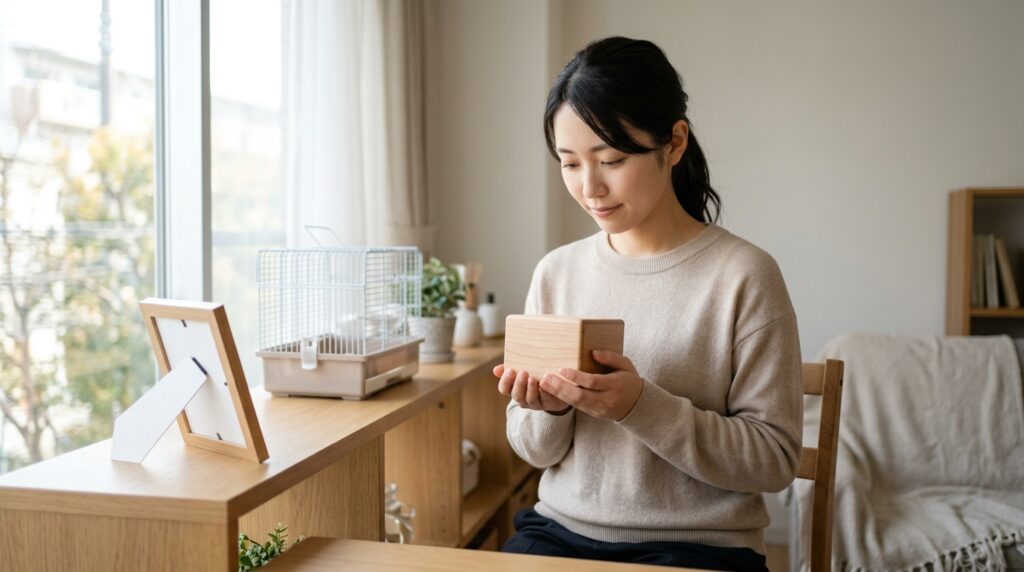 ハムスターの火葬で骨は残るかを考える場面をイメージした、ペット用メモリアルボックスを大切に抱える女性を表すイメージ画像