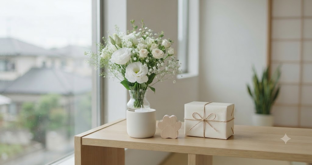 ペットの一周忌に贈り物を考える場面をイメージした、花や写真立て、供養用品が並ぶ静かな空間を表すイメージ画像