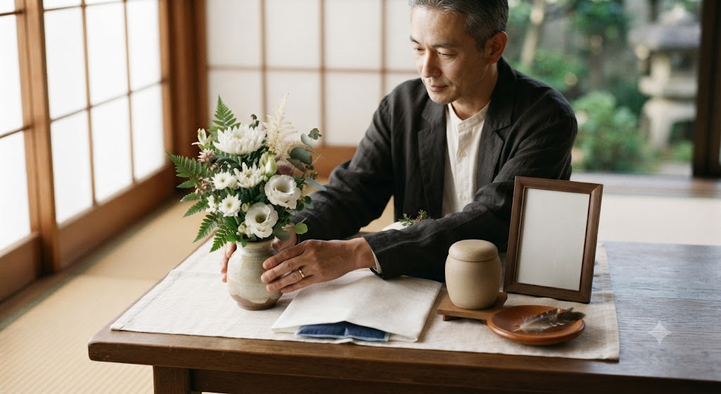 小鳥とのお別れに向けて白い花を供え、静かに見送りの準備をする男性のイメージ