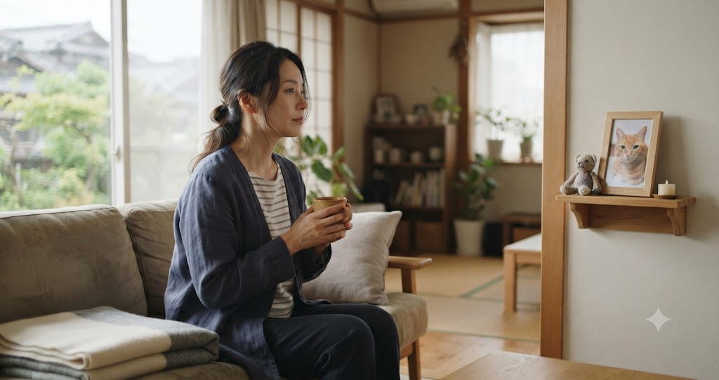 思い出と向き合い心を休める様子を表すイメージ画像