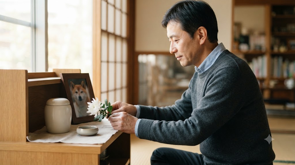 一周忌に花を供える様子を表すイメージ画像