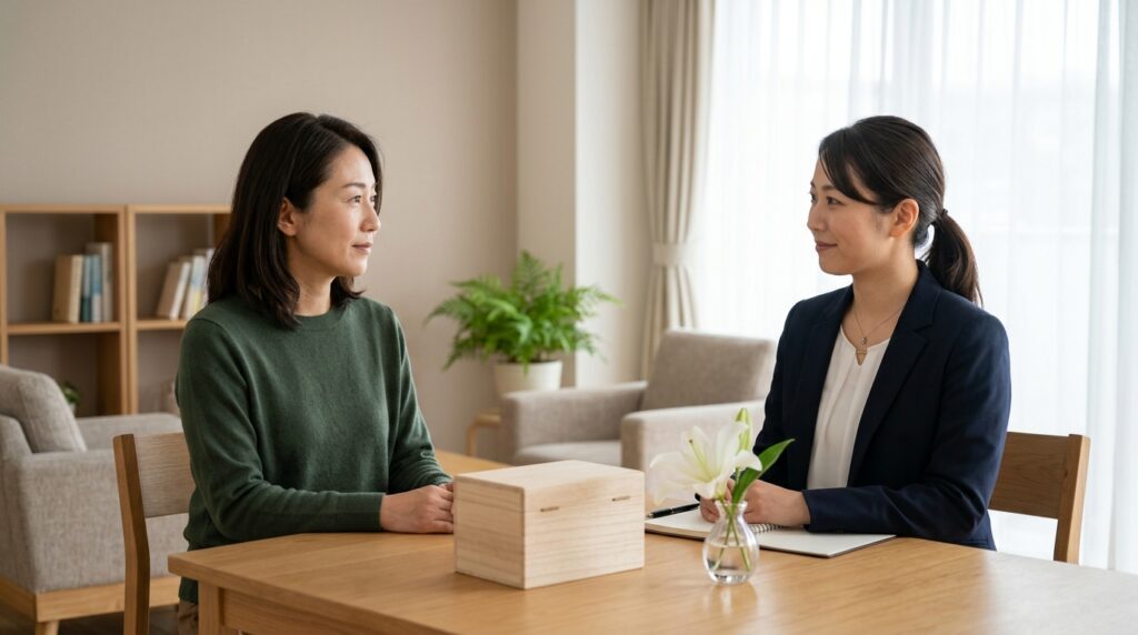 ペットの火葬に関するルールや注意点について相談しながら確認している様子を表すイメージ画像
