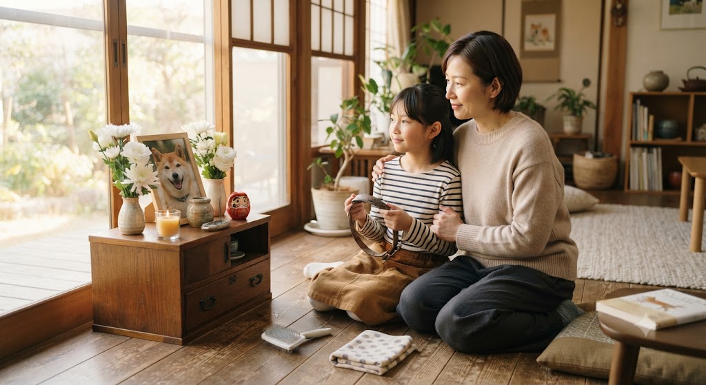 ペット供養スペースのそばで、次の子を迎える時期について静かに考える男性のイメージ