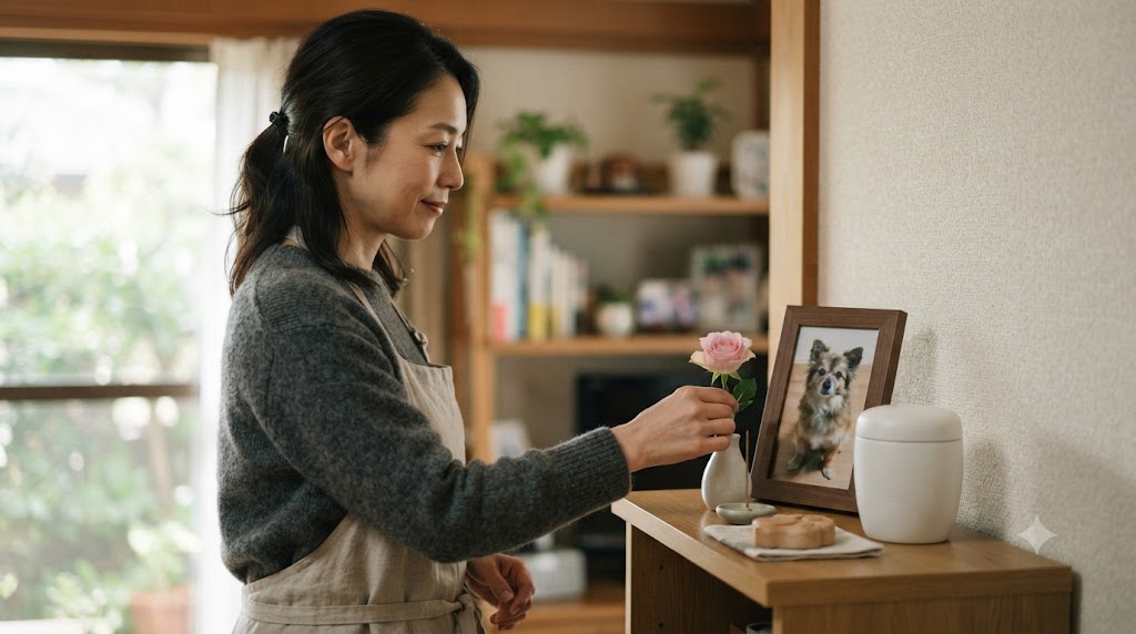 命日の供養棚を整える様子を表すイメージ画像