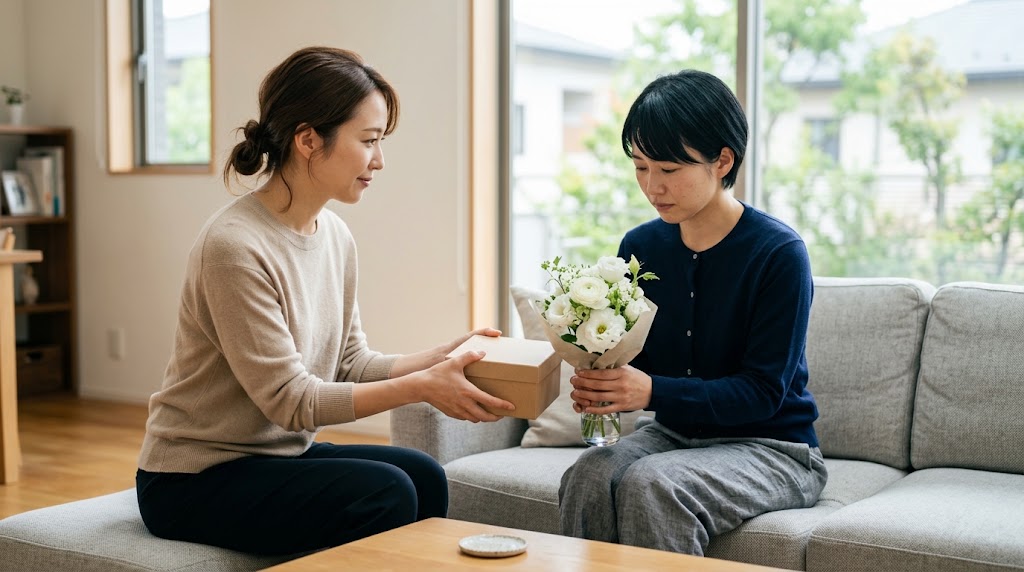 友達の犬が亡くなった時の贈り物を考え、哀悼の気持ちを穏やかに伝える場面を表すイメージ画像